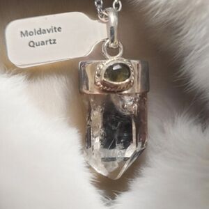 Genuine Moldavite and Brazilian Quartz Pendant ~ 925 Silver